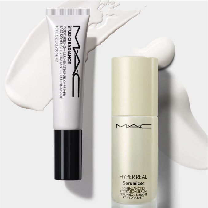 Product images of MAC STUDIO RADIANCE Moisturizer and Hyper Real Serumizer.
